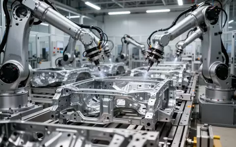 Automatisierte Fertigungslinie in einer modernen Fabrik mit Industrierobotern an Metallbauteilen. - Foto: über boerse-global.de