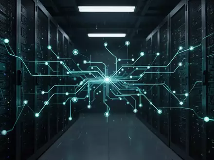 Abstrakte Darstellung einer hochsicheren IT-Infrastruktur mit leuchtenden Datenknoten in einer dunklen, technologischen Umgebung. - Foto: über boerse-global.de