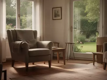 Ein helles, ruhiges Wohnzimmer mit einem bequemen Sessel und Blick in einen Garten, das eine Atmosphäre häuslicher Pflege und Ruhe vermittelt. - Foto: über boerse-global.de