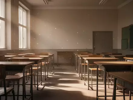 Ein leerer, sonnendurchfluteter Klassenraum mit leeren Schulbänken und Stühlen in einer ruhigen, konzentrierten Atmosphäre. - Foto: über boerse-global.de