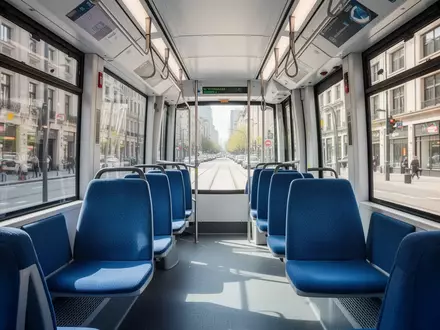 Leerer Innenraum einer modernen Straßenbahn mit blauen Sitzen bei Tageslicht. - Foto: über boerse-global.de
