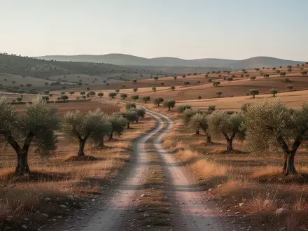 Eine weitläufige, ländliche Hügellandschaft mit Feldern und Olivenbäumen bei Sonnenuntergang. - Foto: über boerse-global.de