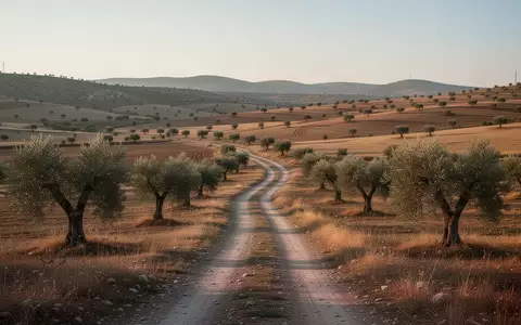Eine weitläufige, ländliche Hügellandschaft mit Feldern und Olivenbäumen bei Sonnenuntergang. - Foto: über boerse-global.de
