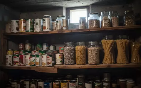 Ein hölzernes Vorratsregal in einem kühlen Keller, gefüllt mit haltbaren Konserven, Hülsenfrüchten und Nudeln als Notfallvorrat. - Foto: über boerse-global.de