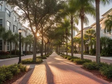 Ein sonniger, leerer Gehweg in einer Wohngegend in St. Petersburg, Florida, bei goldenem Licht. - Foto: über boerse-global.de