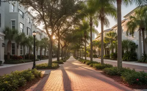 Ein sonniger, leerer Gehweg in einer Wohngegend in St. Petersburg, Florida, bei goldenem Licht. - Foto: über boerse-global.de