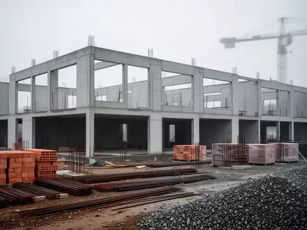 Eine unfertige Baustelle mit Betonrohbau und Baumaterialien unter einem bewölkten Himmel. - Foto: über boerse-global.de