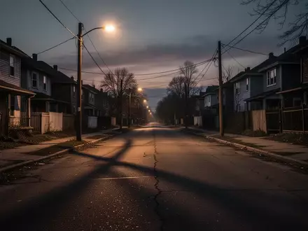 Eine menschenleere, schattige Wohnstraße bei Dämmerung, die eine angespannte und ruhige Atmosphäre vermittelt. - Foto: über boerse-global.de