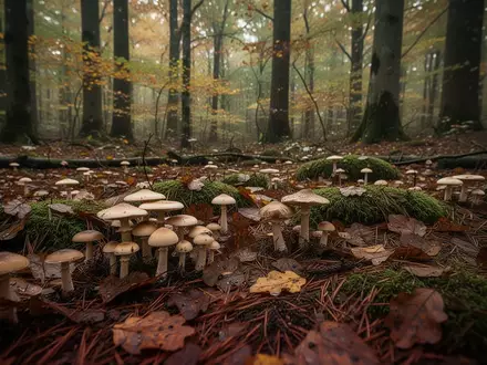 Verschiedene Wildpilze wachsen auf einem feuchten, bemoosten Waldboden zwischen herbstlichem Laub. - Foto: über boerse-global.de
