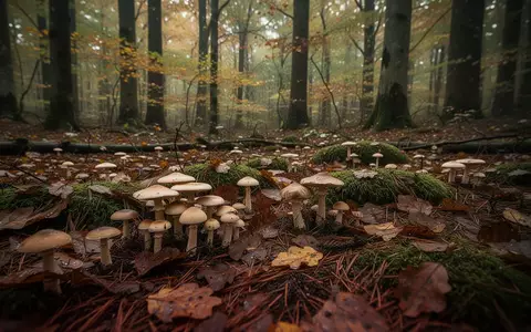 Verschiedene Wildpilze wachsen auf einem feuchten, bemoosten Waldboden zwischen herbstlichem Laub. - Foto: über boerse-global.de