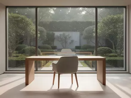 Ein minimalistisches, helles Büro mit Blick in einen ruhigen Garten, das eine Atmosphäre von Fokus und Klarheit vermittelt. - Foto: über boerse-global.de