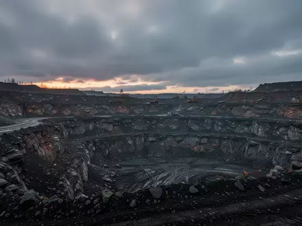 Eine weitläufige, verlassene Tagebau-Landschaft mit zerklüfteten Gesteinsschichten und dunkler Erde unter einem bewölkten Himmel. - Foto: über boerse-global.de