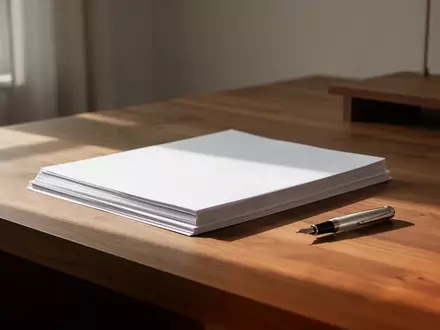 Ein minimalistischer Schreibtisch aus Holz mit einem Stapel unbeschriebener Blätter und einem Füllfederhalter in sanftem Tageslicht. - Foto: über boerse-global.de