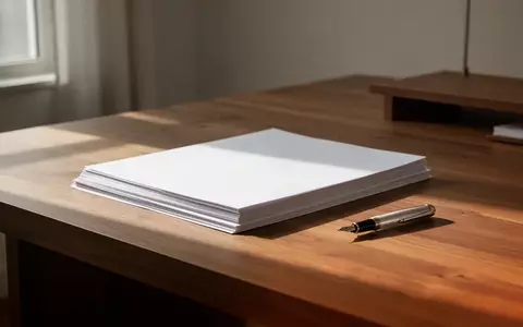 Ein minimalistischer Schreibtisch aus Holz mit einem Stapel unbeschriebener Blätter und einem Füllfederhalter in sanftem Tageslicht. - Foto: über boerse-global.de