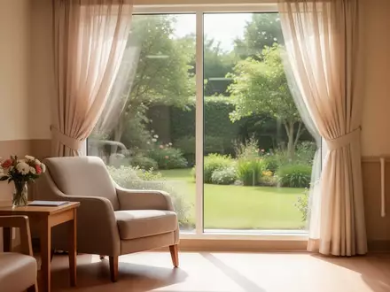 Ein heller, freundlicher Raum in einer Pflegeeinrichtung mit Blick in einen Garten. - Foto: über boerse-global.de