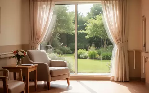 Ein heller, freundlicher Raum in einer Pflegeeinrichtung mit Blick in einen Garten. - Foto: über boerse-global.de
