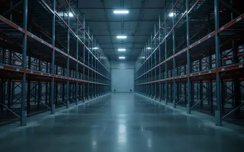 Das Innere eines großen, leeren Industriekühlhauses mit hohen Metallregalen und kühler Beleuchtung. - Foto: über boerse-global.de