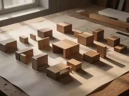 Geometrische Holzbausteine auf einem Architektentisch, die eine präzise, modulare Struktur bilden. - Foto: über boerse-global.de