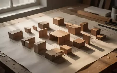 Geometrische Holzbausteine auf einem Architektentisch, die eine präzise, modulare Struktur bilden. - Foto: über boerse-global.de