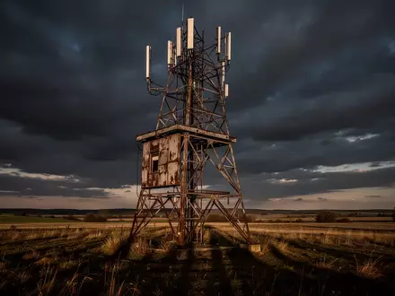 Ein einsamer Mobilfunkmast auf einem ländlichen Feld bei einbrechender Dunkelheit. - Foto: über boerse-global.de