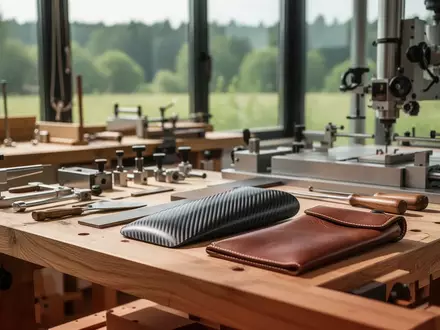 Werkstatteinrichtung mit hochwertigen Handwerkzeugen und Materialien vor einer grünen Landschaft in der Lausitz. - Foto: über boerse-global.de