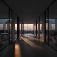 Ein minimalistisch gestalteter Büroflur bei Dämmerung mit langen Schatten, der die Atmosphäre der Unsicherheit und ungenutzten Räume symbolisiert. - Foto: über boerse-global.de