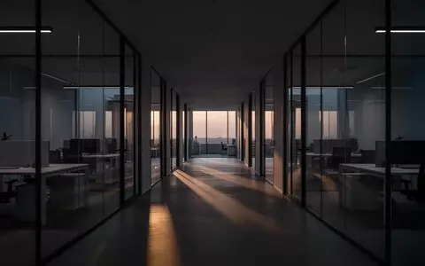 Ein minimalistisch gestalteter Büroflur bei Dämmerung mit langen Schatten, der die Atmosphäre der Unsicherheit und ungenutzten Räume symbolisiert. - Foto: über boerse-global.de