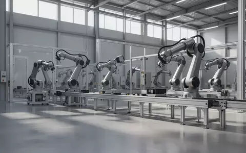 Moderne, leere Industriehalle mit neutralen Roboterarmen und klaren architektonischen Linien bei natürlichem Lichteinfall. - Foto: über boerse-global.de