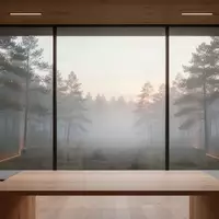 Ein minimalistischer, heller Arbeitsbereich mit Blick in einen nebligen Wald, der Ruhe und räumliche Flexibilität symbolisiert. - Foto: über boerse-global.de