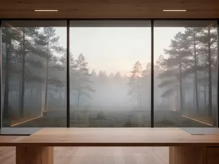 Ein minimalistischer, heller Arbeitsbereich mit Blick in einen nebligen Wald, der Ruhe und räumliche Flexibilität symbolisiert. - Foto: über boerse-global.de