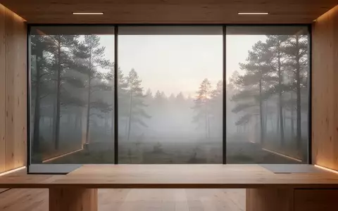 Ein minimalistischer, heller Arbeitsbereich mit Blick in einen nebligen Wald, der Ruhe und räumliche Flexibilität symbolisiert. - Foto: über boerse-global.de