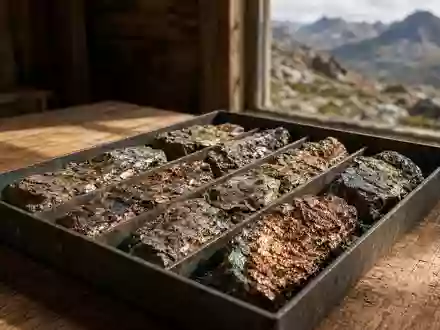 Ein geologisches Bohrkern-Probenfach mit metallischen Mineralgesteinsproben auf einem Holztisch in einem Minencamp. - Foto: über boerse-global.de