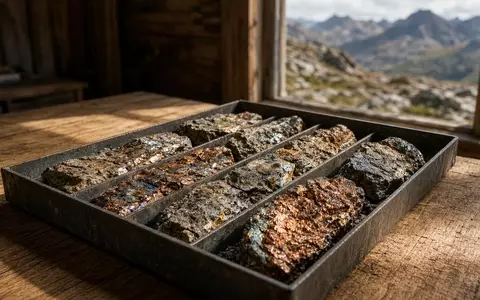 Ein geologisches Bohrkern-Probenfach mit metallischen Mineralgesteinsproben auf einem Holztisch in einem Minencamp. - Foto: über boerse-global.de