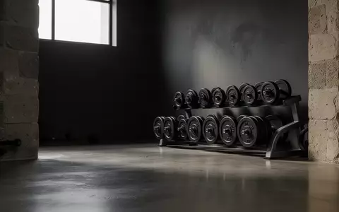 Ein minimalistisch gestalteter Fitnessraum mit Hantelscheiben aus Eisen in einer ruhigen, atmosphärischen Umgebung. - Foto: über boerse-global.de