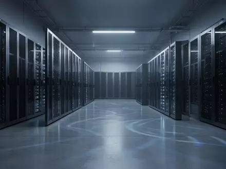 Moderne, minimalistische Server-Infrastruktur in einem Rechenzentrum mit bläulicher Beleuchtung und aufgereihten Server-Racks. - Foto: über boerse-global.de