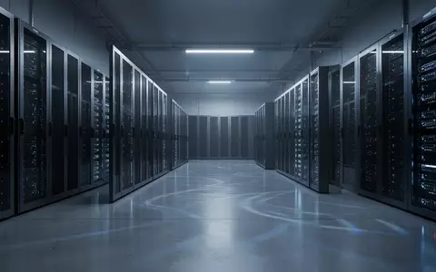 Moderne, minimalistische Server-Infrastruktur in einem Rechenzentrum mit bläulicher Beleuchtung und aufgereihten Server-Racks. - Foto: über boerse-global.de