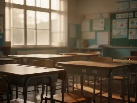 Ein leerer, sonnendurchfluteter Klassenraum in einer Schule, der eine ruhige und nachdenkliche Atmosphäre vermittelt. - Foto: über boerse-global.de