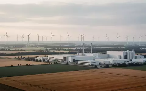 Weite Industrielandschaft mit Windkraftanlagen und modernen Fabrikgebäuden in Ostdeutschland bei Sonnenaufgang. - Foto: über boerse-global.de