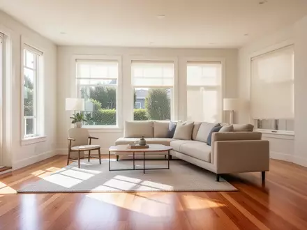 Ein helles, modernes Wohnzimmer in einem Haus in der San Francisco Bay Area mit großen Fenstern und natürlichem Tageslicht. - Foto: über boerse-global.de