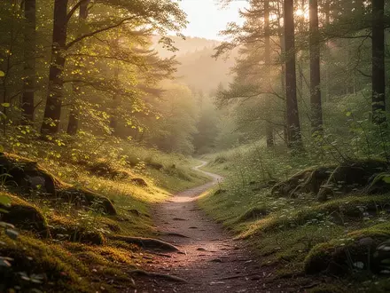 Ein sonnendurchfluteter Waldweg in einem grünen Tal während der goldenen Stunde. - Foto: über boerse-global.de
