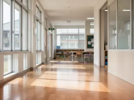 Ein heller, moderner Schulflur mit einfallendem Tageslicht und minimalistischer Architektur. - Foto: über boerse-global.de