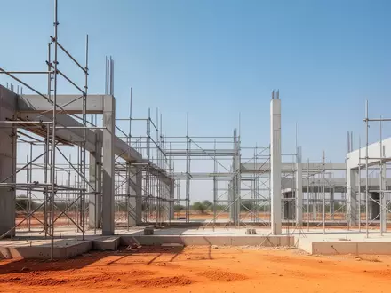 Eine moderne, im Bau befindliche Industrieanlage in einer ariden Landschaft in Gujarat, Indien. - Foto: über boerse-global.de