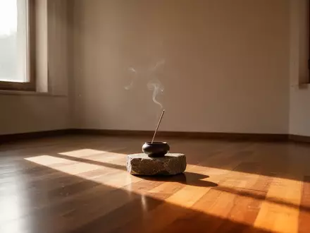Ein minimalistischer, ruhiger Meditationsraum mit einfallendem Morgenlicht und einem unbenutzten Räuchergefäß auf einem Steinsockel. - Foto: über boerse-global.de