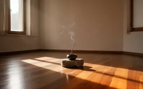 Ein minimalistischer, ruhiger Meditationsraum mit einfallendem Morgenlicht und einem unbenutzten Räuchergefäß auf einem Steinsockel. - Foto: über boerse-global.de