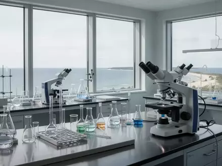 Ein modernes, steriles Labor mit wissenschaftlicher Ausstattung und Blick auf die Küstenlandschaft der Insel Riems. - Foto: über boerse-global.de