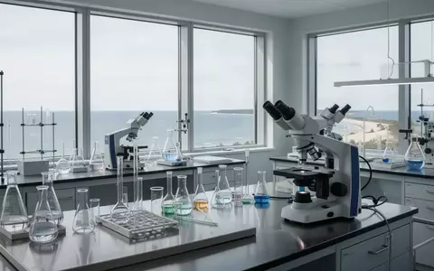 Ein modernes, steriles Labor mit wissenschaftlicher Ausstattung und Blick auf die Küstenlandschaft der Insel Riems. - Foto: über boerse-global.de