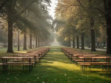 Leere Holztische auf einer sonnigen Grünfläche in einem Park, die auf einen bevorstehenden Flohmarkt hindeuten. - Foto: über boerse-global.de