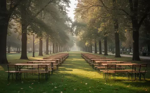 Leere Holztische auf einer sonnigen Grünfläche in einem Park, die auf einen bevorstehenden Flohmarkt hindeuten. - Foto: über boerse-global.de