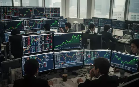Börsenhändler vor Monitoren mit steigenden Aktienkursen an der Tokioter Börse. - Foto: über boerse-global.de