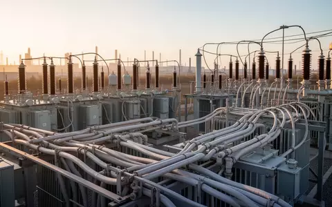 Eine industrielle Hochspannungs-Umspannstation mit Transformatoren und Kabeltrassen bei Sonnenuntergang. - Foto: über boerse-global.de